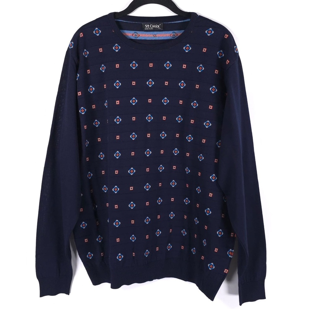 ST. CROIX Luxury ABSTRACT Crew Nk Jacq Knit Pullover Sweater Craftsmanship LARGE